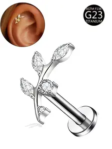 Titanium Leaf Labret Stud Piercing Lip Ring, Cz Clear Gem Crystal Body Jewelry, Punk Style, All Seasons, Astm F136 16g Bar, Vertical Labret Jewelry