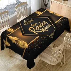 1 Pc Ramadan Tablecloth, Ramadan Theme Decorative Tablecloth, Eid al-Fitr Golden Lantern Vintage Pattern Washable Festive Table Cover Holiday Kitchen Dining Table Decor For Home Party Decor