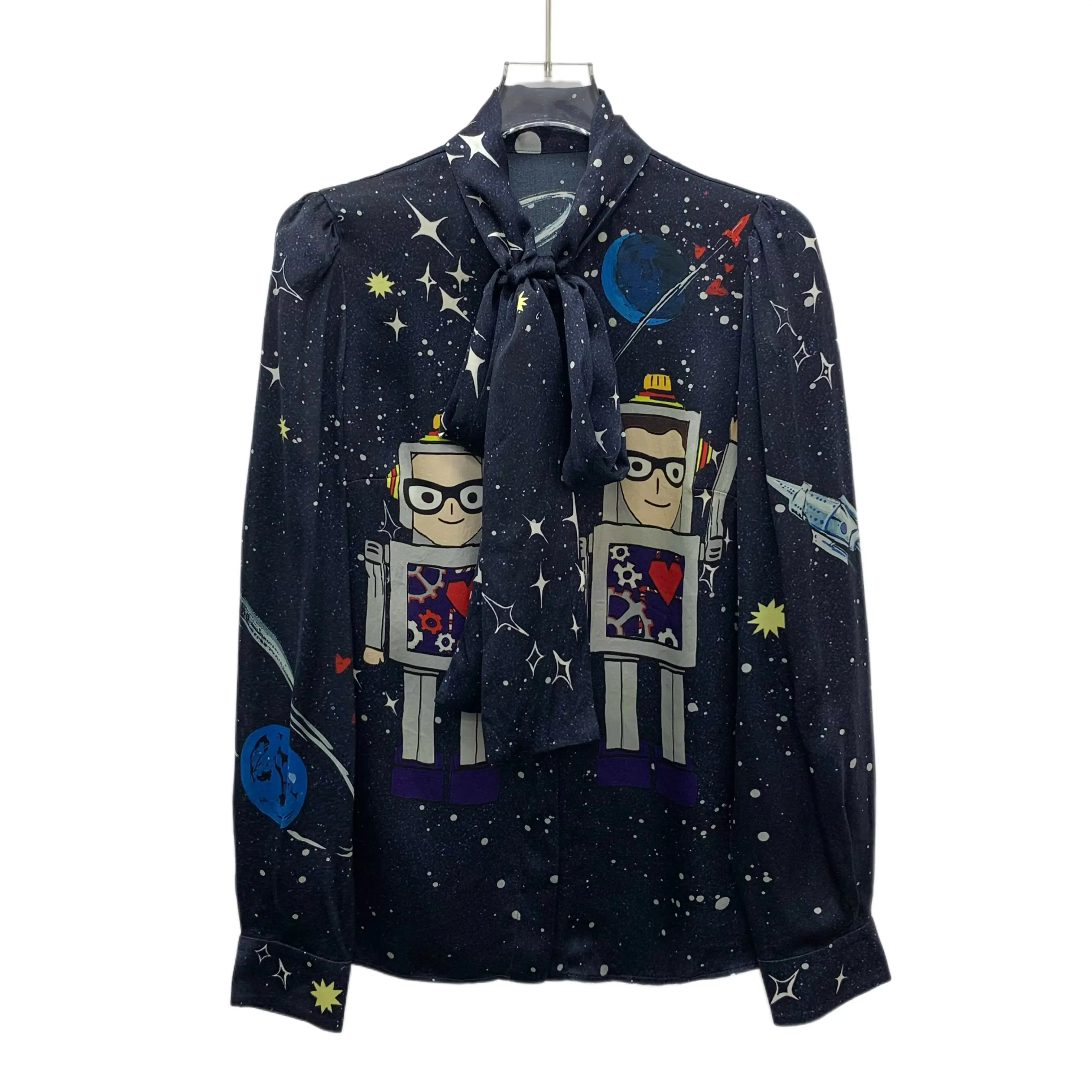 CALUXA- Dolce Gabbana Navy Robot Star Silk Bow Shirt Size 36