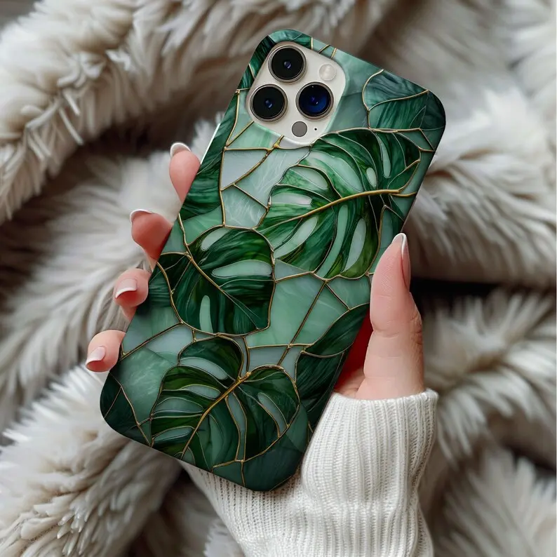 Stained Glass Style Monstera Leaf Custom Rubber Smartphone Case - Art Deco Green Houseplants, Artful Vintage Gift, Handheld Protection for iPhone X,11,12,13,14,15,16,17 & Samsung S21,S22,S23,S24,S25 (check available sizes), Resistance