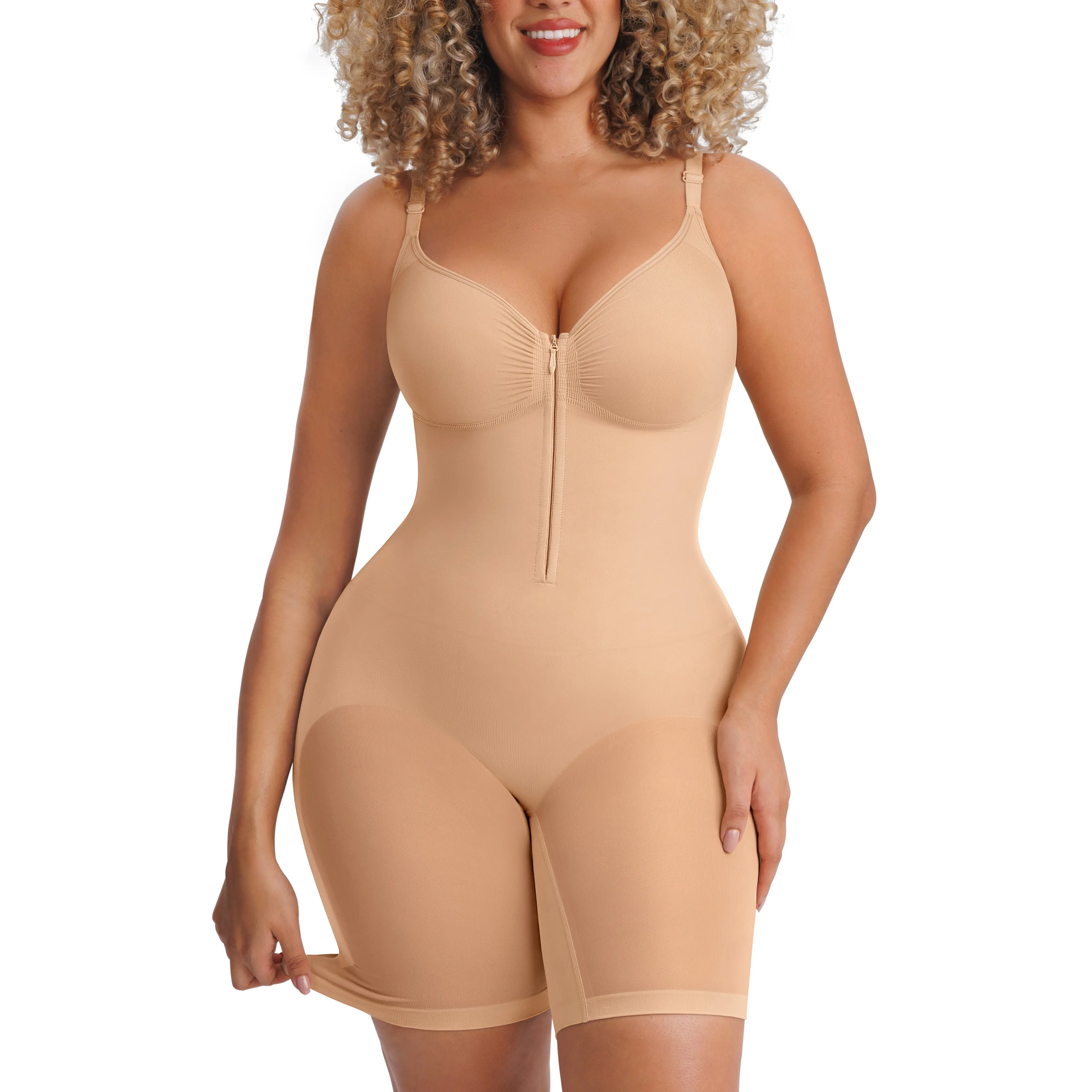 FeelinGirl Tummy Control Butt Lifting Shapewear for Women - Zip-Up Breathable Seamless Bodysuit with V-Neck and Adjustable Straps