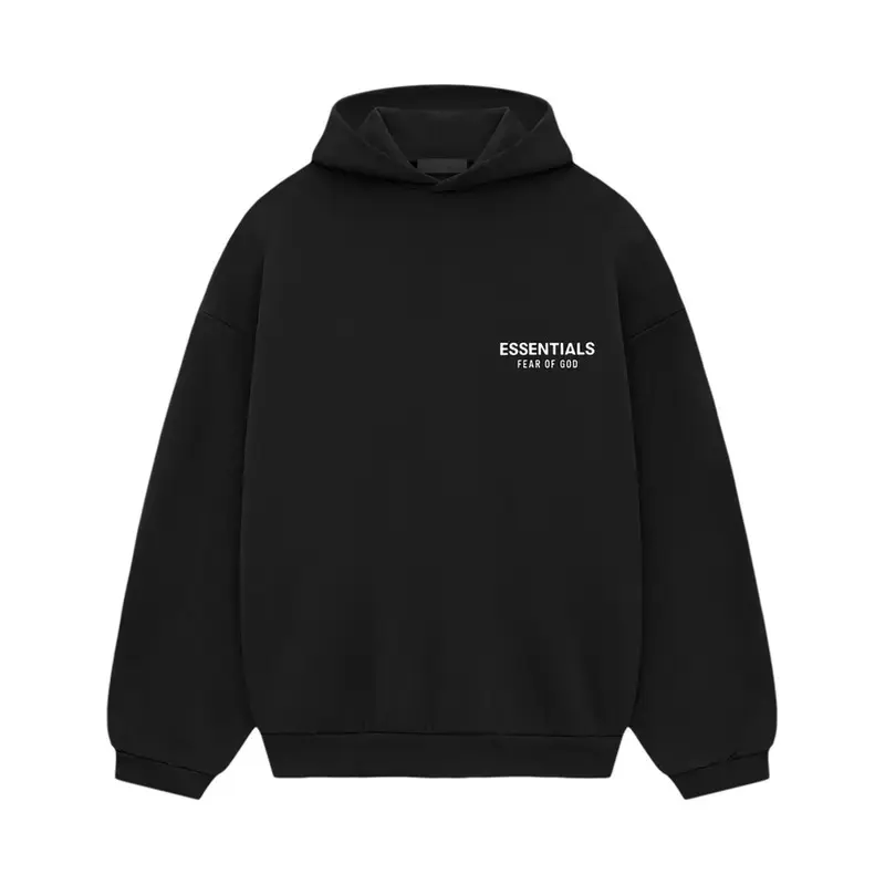 ESSENTIALS Fear Of God Black Pullover Hoodie White Small Chest Logo Long Sleeve Hooded Sweatshirt Unisex Loose Streetwear Top
