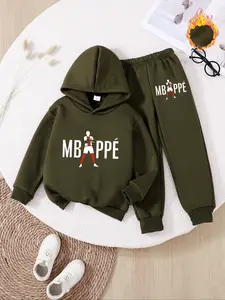 Boys' Fashion Autumn Winter Mbappe Print Hooded Sweatshirt Set, Thick Warm Casual Pants, Comfortable Long Sleeve Two-Piece, Fall outfit, Hoodies, Sweatpants