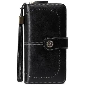 Lucky Star Women's Vintage PU Leather Long Wallet with Wristband, Multi-card Slot Long Clutch Purse with Flower Buckle, RFID Blocking Long Wallet for Daily Use