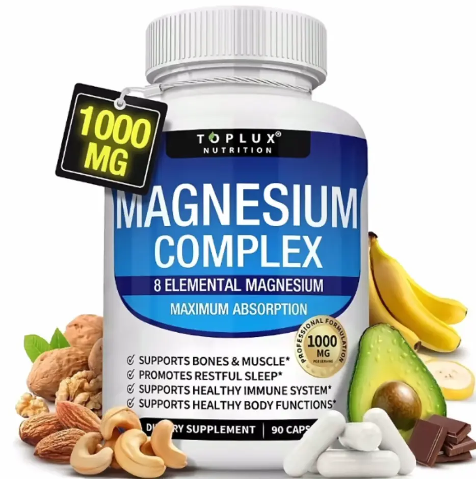 Toplux Nutrition Magnesium Complex 1000mg 90Capsules 7 Elemental Sources for Bone MuscleSleep Immune Support Malate Taurate ChelatedEasy Absorption for Men Women - Mineral,Healthcare