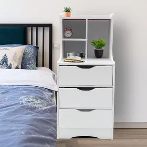 Modern White 3-Drawer Bedside Table Furniture - Multifunctional Nightstand with Shelf, Indoor Bedroom Storage Cabinet Organizer