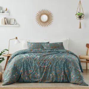 Boho Bohemian Farmhouse Teal Blue and Orange Wildflower Garden Floral Duvet Comforter Cover and Sham 3 pc King Size Bed Bedding Set Bedroom Flower Botanical Cottagecore Patterned Vintage Turquoise