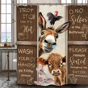Funny Donkey Bull Pig Bathroom Shower Curtain Animal Rustic Farmhouse Brown Bathroom Rules Hilarious Polyester Fabric Plastic Hooks Waterproof Decor