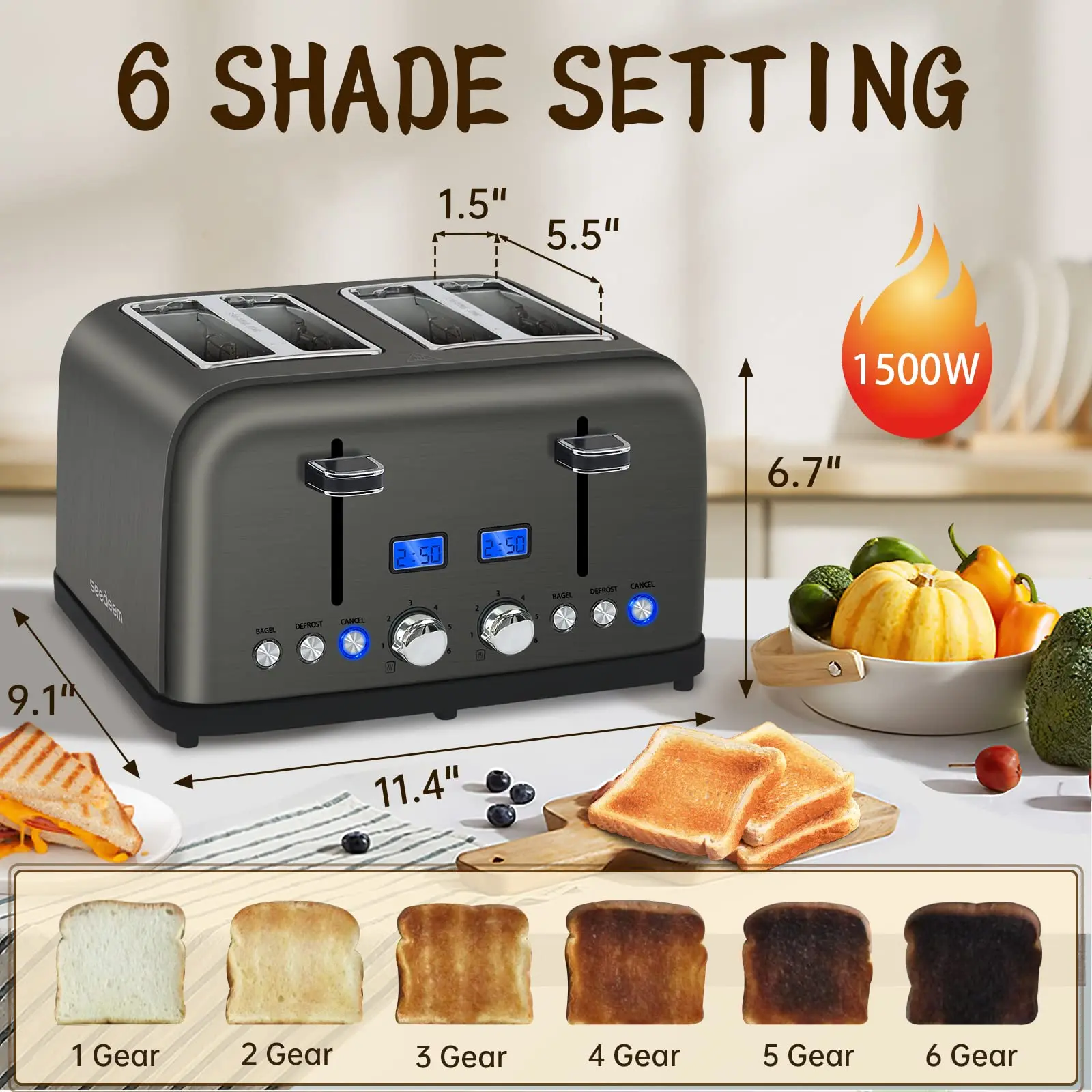 Toaster 4 Slice, LCD Display, 6 Shade Settings Stainless Toaster, 1.5'' Wide Slots, Digital Toaster for Bagel, Defrost, Reheat, Dual Control, Removable Crumb Tray, 1500W new toaster smart toaster bagel function toaster kitchen  toaster Bread Maker