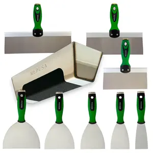 Medusa's Flexible Stainless Steel Drywall Taping Knife Set with 12" Mud Pan and Grip, Strong Flexible Putty Blades, 8 10 and 12" Coating Blades with Curved Handles Contoured to the Palm of Your Hand