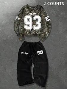 Urban American Vintage Branch Sweatshirt Set, Loose Fit Sweatsuit, Campus Style Digital Print, Casual Fall & Winter