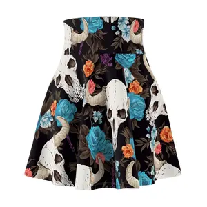 Skater Skirt, Country Line Dancing Flowers Cow Skull Pattern, Western Apparel, Cowgirl Clothing, Rodeo Fashion, Floral Design Skirt