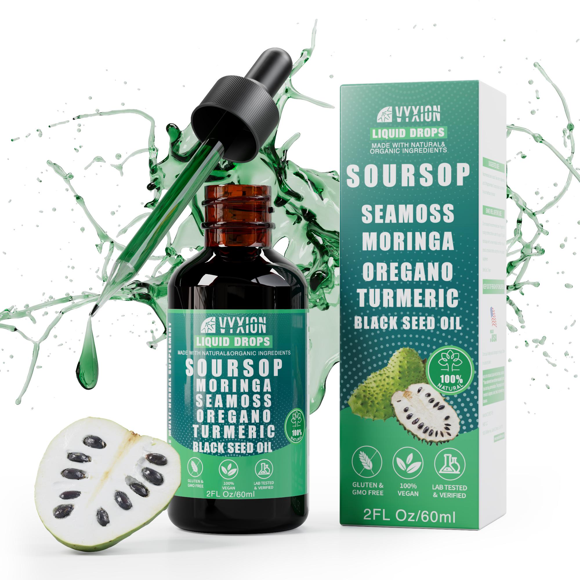 VYXION Pure Soursop 10 in 1 Liquid Drops Extract - Seamoss,Moringa,Black Seed Oil,Turmeric,Oregano Liquid Drops for Immu