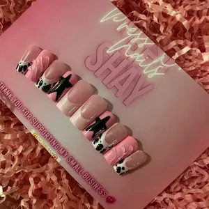 Five Star Press On Nails - Pink Design with Black Star Accents by Shay - Thank You for Supporting My Small Business Message Included elegant fake Convenience Medium Size Easily Applied