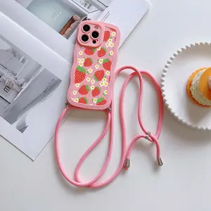 Convenient Strawberry Lanyard Phone Case with Adjustable Sling and Crossbody Strap, Tpu Shockproof Protection for iPhone Models 6 to 17 Pro Max, Perfect Gift for Couples and Teens