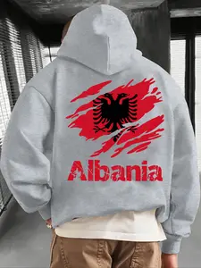 Men's Albania Geometric Print Zip Hoodie, Fall & Winter Casual Regular Fit Long Sleeve Hooded Sweatshirt, Fashion Daily Wear Clothing