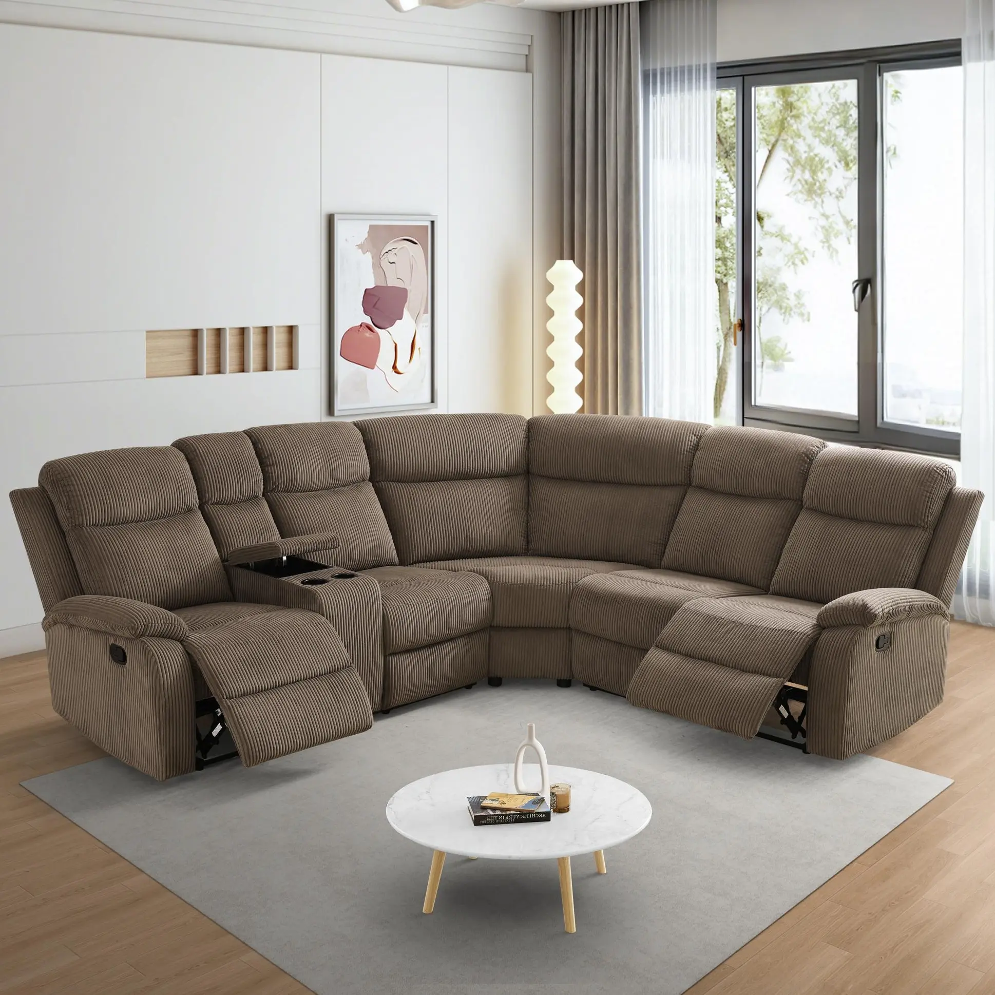 3-Piece Brown Stripe Fabric Intelligent Recliner Sofa Set - Luxury Indoor Living Room Furniture, Brown-Toned, Chic, Durable, Multi-Functional Sofa Sets, Brown-Toned Sofa Sets, Chic Sofa Sets