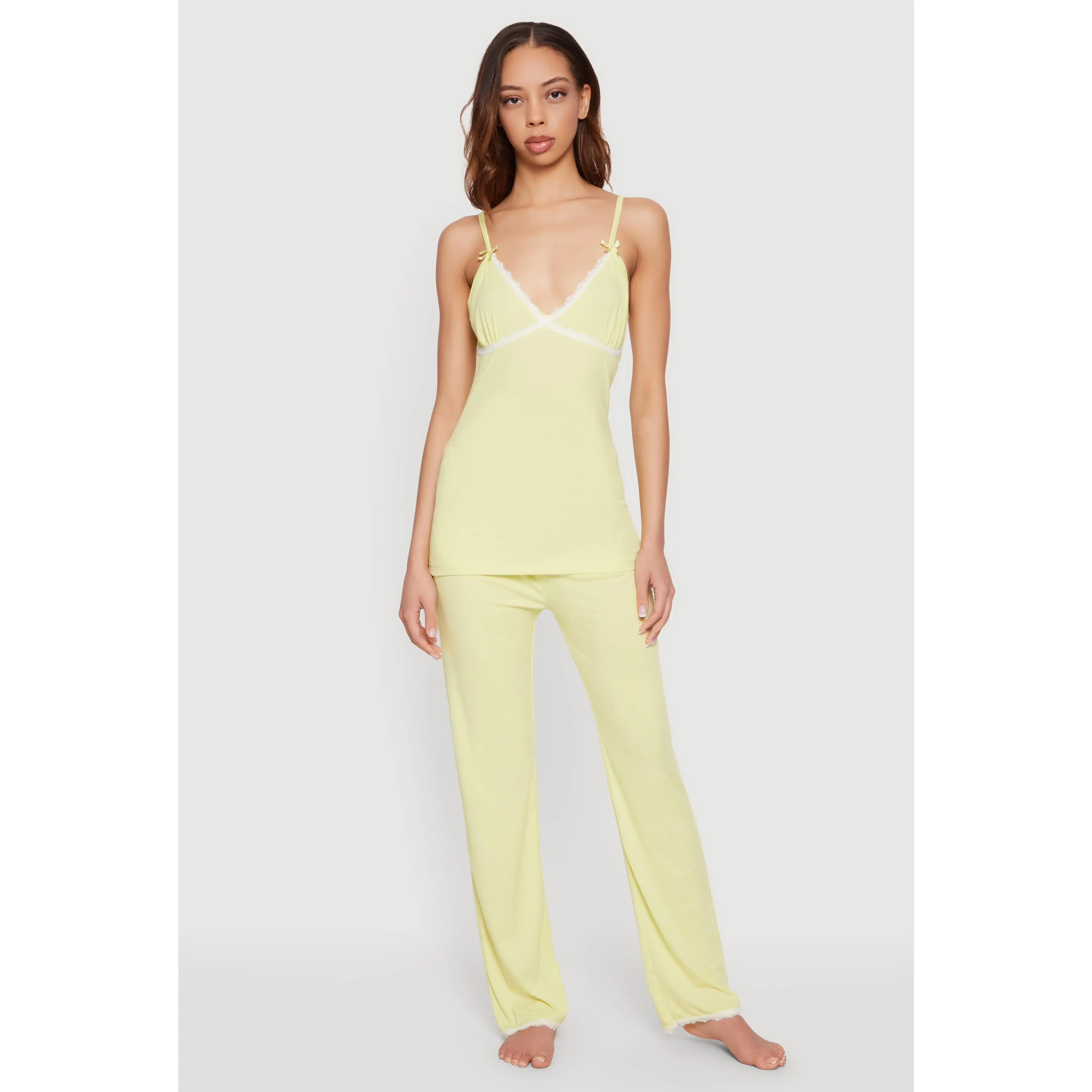 Rib Knit Lace Trim Pajama Cami and Pants Set