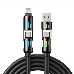 4-In-1 Fast Charging USB Data Silicone Cable Type-C with Indicator Light, Multi-Port Universal Charger for iPhone Samsung Devices