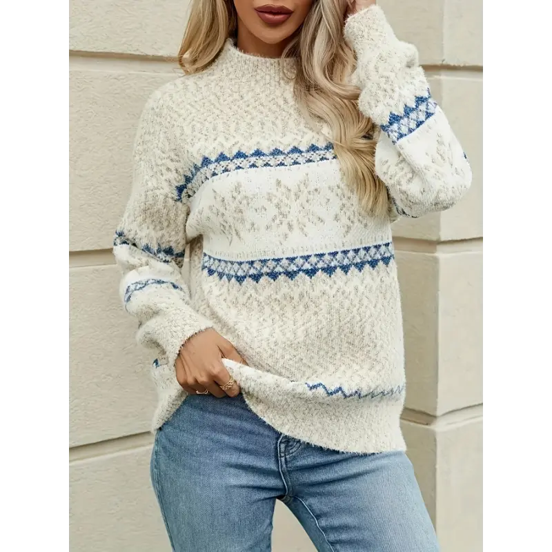[Christmas Sweater] Soft Pink & Blue Snowflake Christmas Sweater | Women's Stretchy Half-Turtleneck Sweater, High Elasticity All-Season Casual Holiday Top, Relaxed Fit, Festive Pattern, Durable Comfort