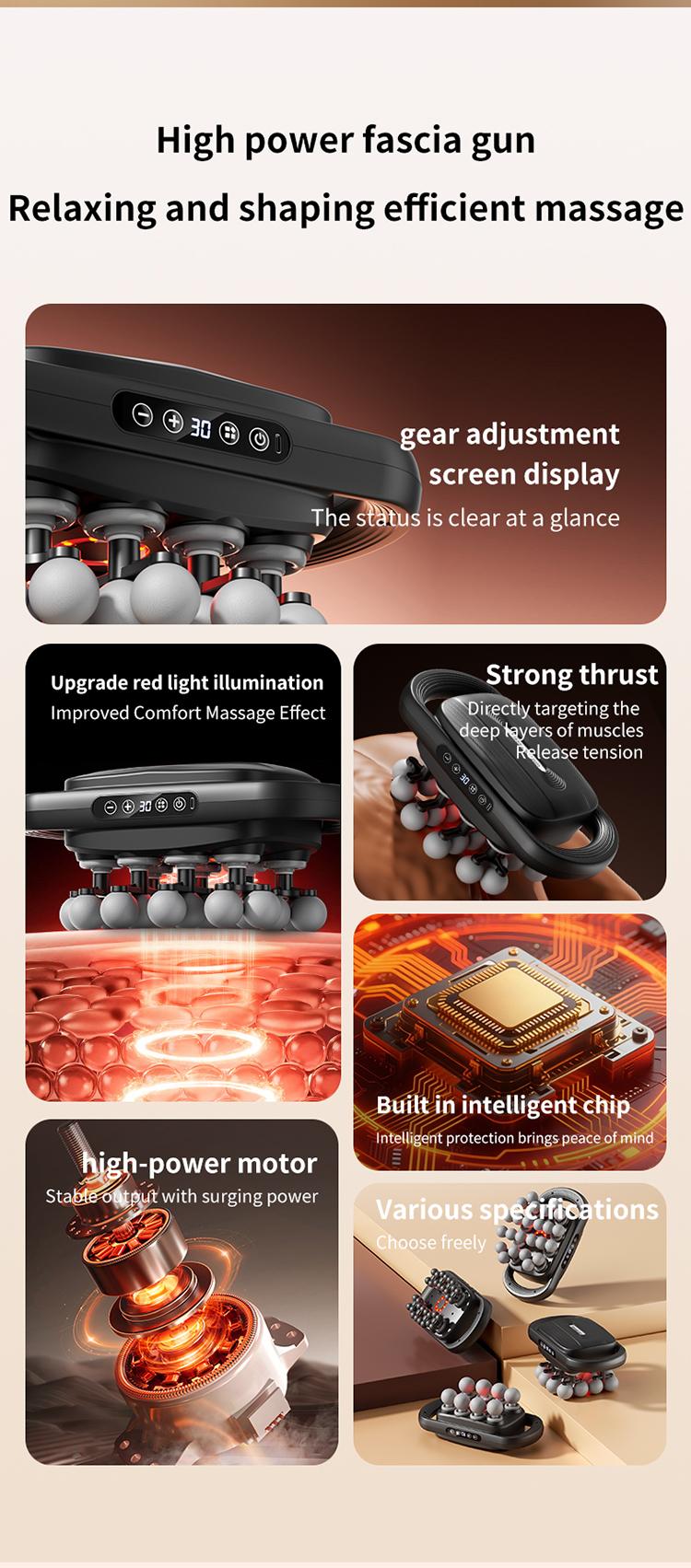 24 fascia guns with 3 modes to adjust 30 levels of massage vibration, used to relieve pain in the back, shoulders, legs, and feet. Equipped with a red light massage gun, it can be used as a gift to adjust daily fitness routines