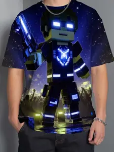 Pixel Style Glowing Robot T-Shirt, Unisex Kids Trendy Printed Short Sleeve, Cool Graphic Tee, Summer Fashion Casual Wear, All over Print Fitted Tee