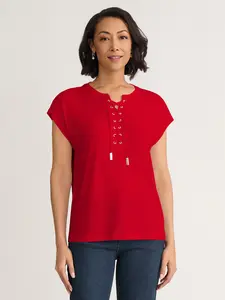 Cap Sleeve Lace Up Top, Jersey Knit
