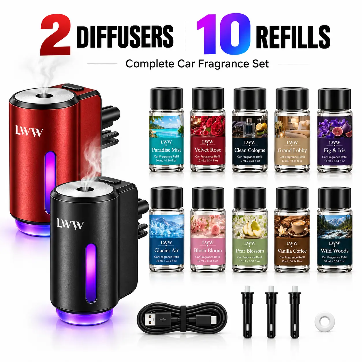LWW Modern Sleek Portable Car Diffuser - USB Rechargeable Vent Clip Auto Accessory, 3-Level Intensity Spray Modes, Auto Start/Stop, 10x10mL Fragrance Oil Refills, 1 USB Charging Cable, Car Interior Accessories