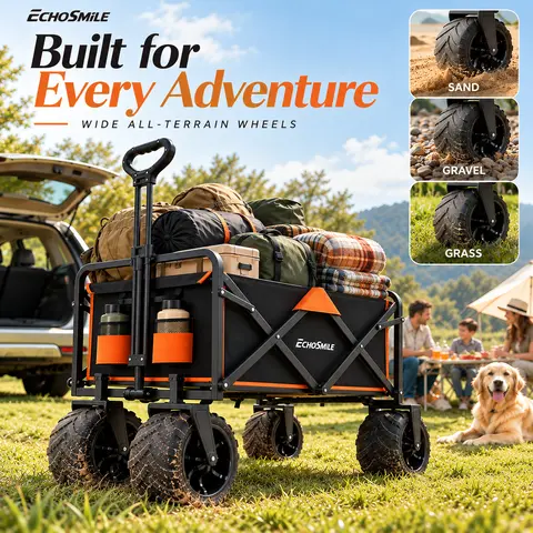 EchoSmile All-Terrain Folding Wagon Cart with 4" Wide, Deep-Tread Wheels, 350LBS Heavy Duty Collapsible Utility Wagon, Large Capacity Beach Cart for Sand, Grass, Camping & Outdoor