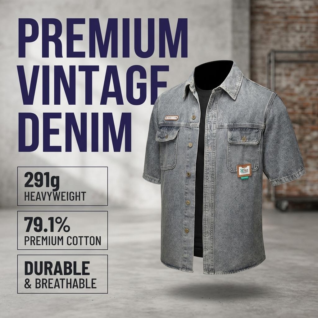 Men's  Washed Denim Shirt, Retro Distressed Biker  Shirt， Classic Trucker Shirt with Shoulder Stitching, Casual Button-Down Motorcycle Denim Shirt  for Men, Fashion Streetwear Denim Shirt for Daily Wear, Riding, Outdoor