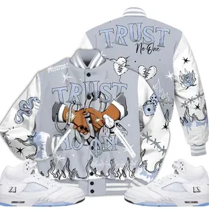 Retro White Metallic 5s Outfits Varsity Jacket, Tattoo Trust No One T-Shirts To Match Sneakers Streetwear