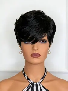 Short Bob Pixie Cut Human Hair Layered None Lace Front Glueless Full Machine Made with Bangs Wigs for Women