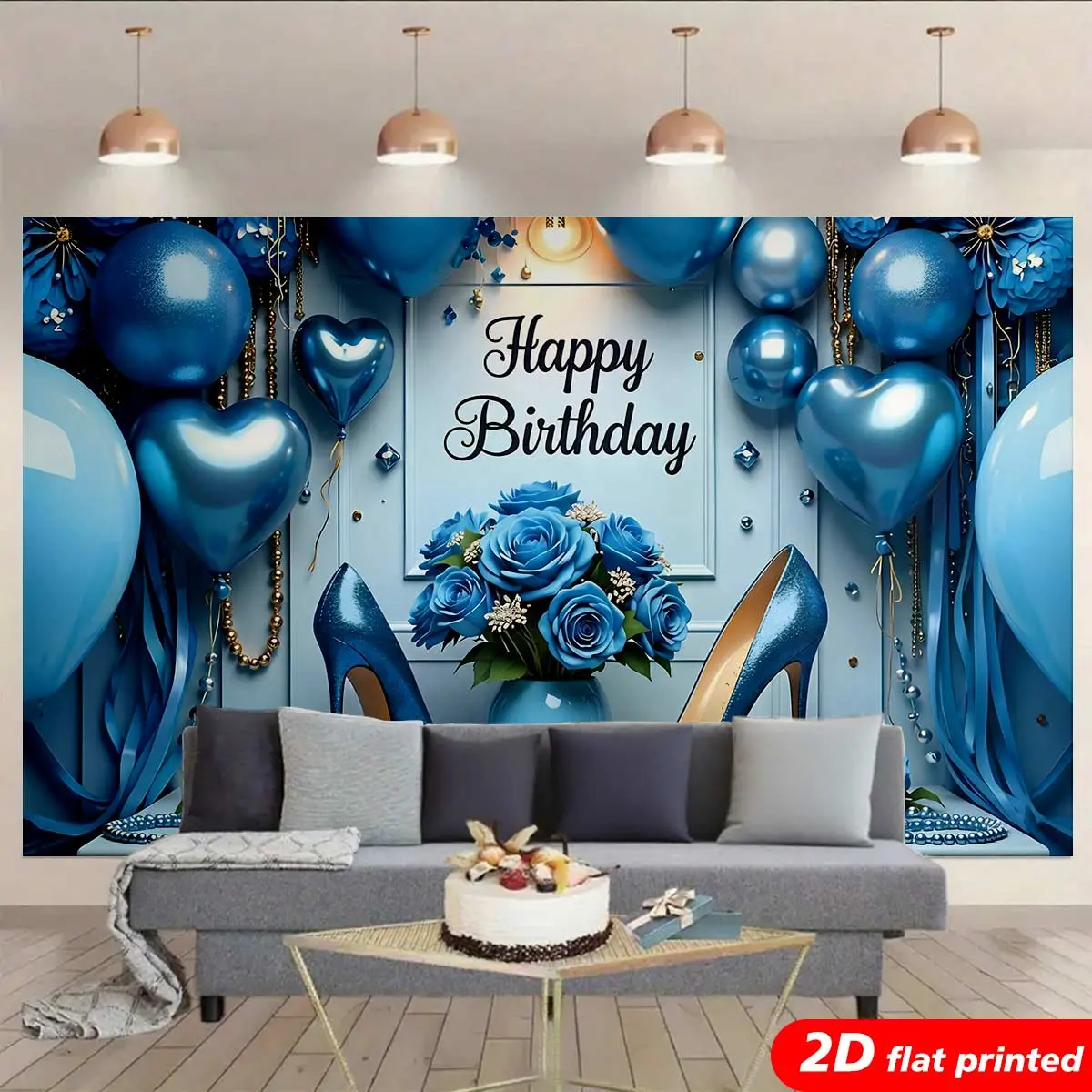 Blue Round Happy Birthday Synthetic Polyester Tapestry Wall Hanging - 2D Print, High Heels, Roses, Balloons, Hearts, Wrinkle Resistant, Flat Printed Backdrop, Elegant Bouquet Decor, Glam Room Art, Machine Washable, Women's Home Gift, Wall Decor, Family
