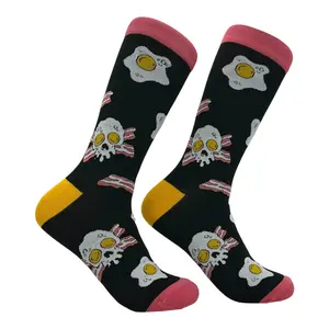 Men's Bacon and Eggs Skull Socks Funny Sarcastic Breakfast Graphic Novelty Footwear for Men Funny Graphic Socks Comfortable Fitted Spandex Cotton