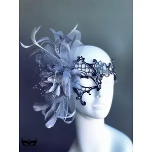 Metal Rhinestone Feather Mask - Black
