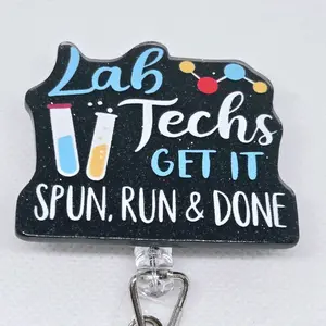 Lab Techs Get It Spun Run & Done Glitter Acrylic Retractable Badge ID Reel id badge hospital worker