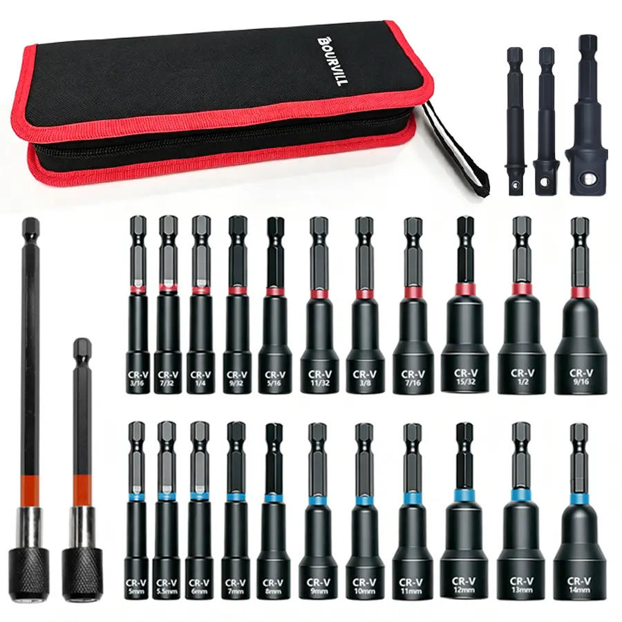 20Pcs & 29Pcs Magnetic Nut Driver Bit Set, 1/4 Inch Hex Shank, Metric & SAE Dual Sizes, CR-V Steel Impact Socket Bits Kit with Extension Bar & Canvas Storage Carry Bag
