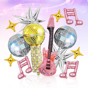 Disco Party Balloon Set, featuring 6 elements including exploding stars, guitars, microphones, etc., suitable for music-themed parties, pop singer-themed parties, 1980s–1990s hip-hop disco parties, birthday parties