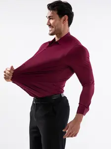 Men's Solid Color Seamless Long Sleeve Shirt, High Stretch Casual Comfy Business Formal Button Front Longsleeves Collared Top for Work Office, Men's Clothes for All Seasons, Casual Elegant Classy, Menswear, Casual Fitted Collared