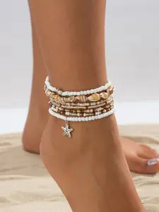 7-Piece Ocean-Inspired Shell and Starfish Pendant Ankle Bracelet Set, Layered Anklet, Elegant Everyday Jewelry for Women, Perfect Gift for Parties and Festivals
