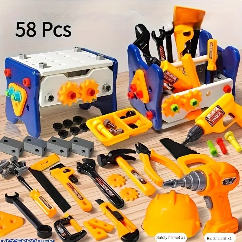 58PCS Pretend Play Tool Bench Set with Electric Drill & Safety Helmet, 2-in-1 Portable Workbench Tool Box, DIY Building Construction Repair Tool Kit with Accessories