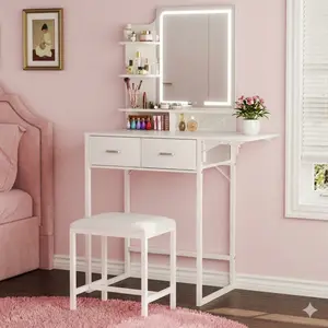 Makeup Vanity Desk with Mirror and Lights, Small Makeup Vanity with Fabric Storage Drawer & Chair & Shelves, White Vanity with Fold-up Panel and Power Outlet for Bedroom