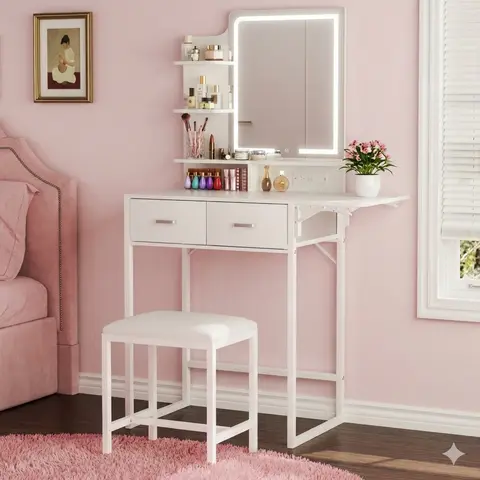 Makeup Vanity Desk with Mirror and Lights, Small Makeup Vanity with Fabric Storage Drawer & Chair & Shelves, White Vanity with Fold-up Panel and Power Outlet for Bedroom