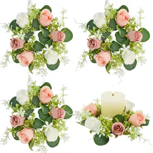 Small Candle Ring Wreath Set of 4 Roses Artificial Flowers Mini Wreaths Valentine's Day Wedding Kitchen Table Chair Home Decor