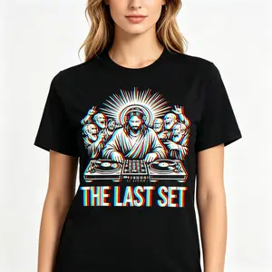 "Jesus Last Set Rave" Glitchy DJ Graphic Tee |   Y2K EDM Techno Festival Statement T-Shirt |   Unisex Streetwear Casual Daily Wear Top