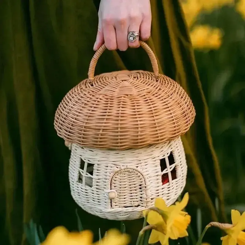 Handmade Mushroom Basket, Woven Rattan Basket, Straw Storage Box, Travel Picnic Basket, Children's Toy and Miscellaneous Storage Basket