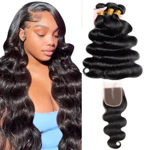 12A Body Wave Bundles with Closure HumanHair Bundles with Closure 100% Brazilian Virgin Body Wave 3 Bundles and Closure Human Hair Weave Bundles with Closure 4x4 HD Lace Free Part