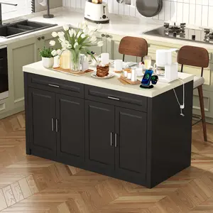 Homsee 61" W Large Kitchen Island with Charging Station, 2 Drawers & Adjustable Shelves, Modern Stationary Kitchen Prep Table Coffee Bar Cabinet for Dining Room