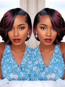 Short Bob Wig Human Hair 13x4 Lace Front Wigs Pre Plucked Frontal Wig 1B Burgundy 180% Density For Women Black Woman Wigs