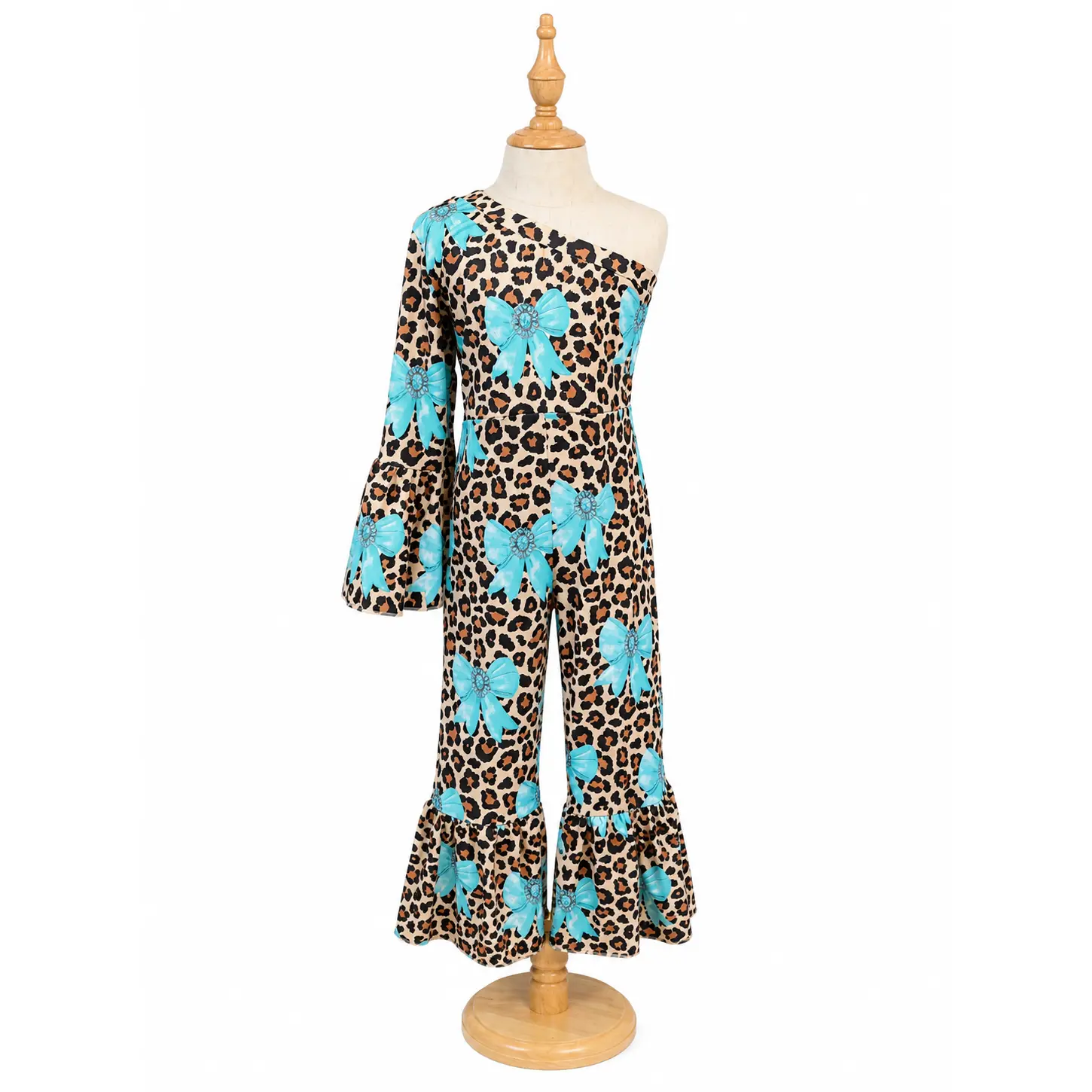 Cheetah printed cold shoulder jumpsuit w/ blue coquette bow